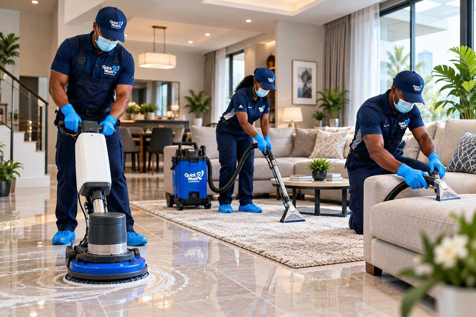 Quick Wash cleaners deep cleaning a home: a floor machine polishing marble, a rug being extracted, and a sofa cleaned where it stands.